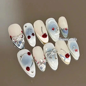 Qfdian 10Pcs Handmade Press on Nails French Almond Full Cover Cherries and Bow Design Fake Nails Sweet Cute Manicure Nail For Women